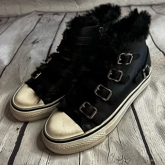 New Ash Valko Leather High-Top Sneakers with Faux Fur Size 38