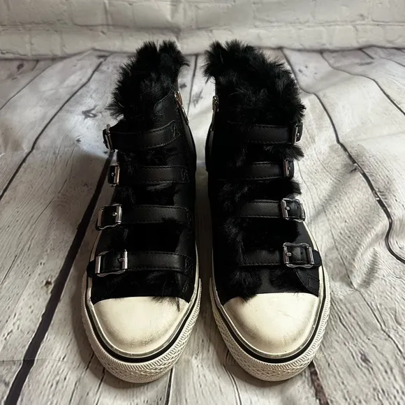 New Ash Valko Leather High-Top Sneakers with Faux Fur Size 38