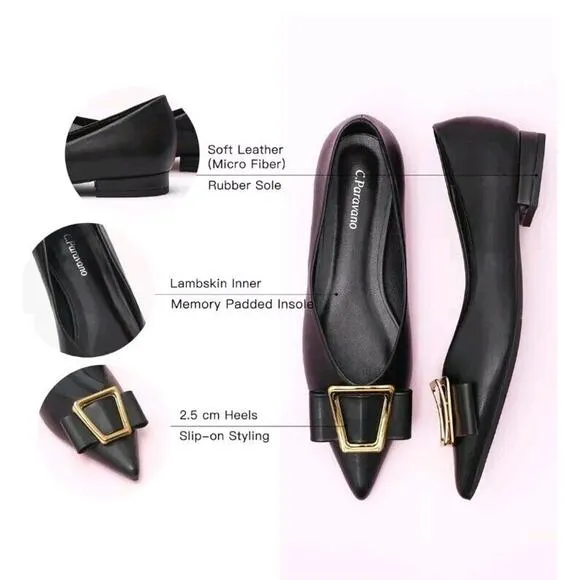 New! C. Paravano Leather Pointed Toe Flats Gold Buckle Black US 10.5 $128