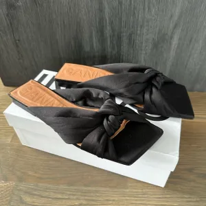 NEW GANNI Soft Knot Flat Mule Black 38 Women's Sandals Satin Slip On Square Toe