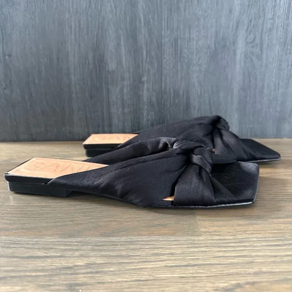 NEW GANNI Soft Knot Flat Mule Black 38 Women's Sandals Satin Slip On Square Toe