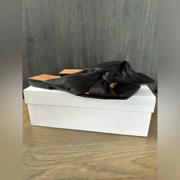 NEW GANNI Soft Knot Flat Mule Black 38 Women's Sandals Satin Slip On Square Toe