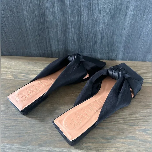 NEW GANNI Soft Knot Flat Mule Black 38 Women's Sandals Satin Slip On Square Toe