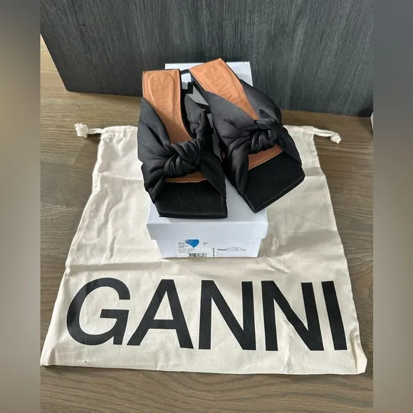 NEW GANNI Soft Knot Flat Mule Black 38 Women's Sandals Satin Slip On Square Toe