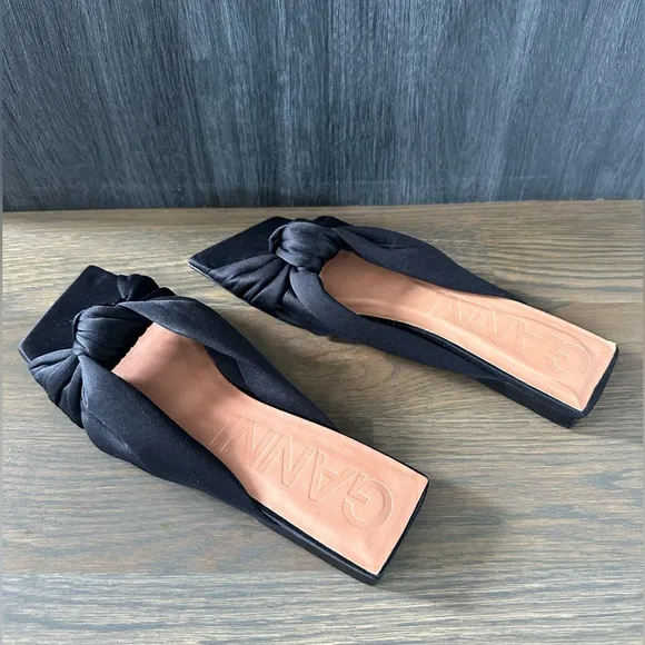 NEW GANNI Soft Knot Flat Mule Black 38 Women's Sandals Satin Slip On Square Toe