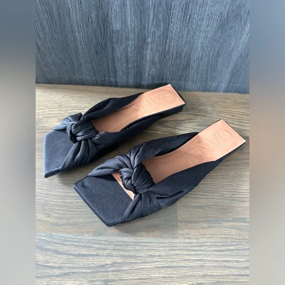 NEW GANNI Soft Knot Flat Mule Black 38 Women's Sandals Satin Slip On Square Toe