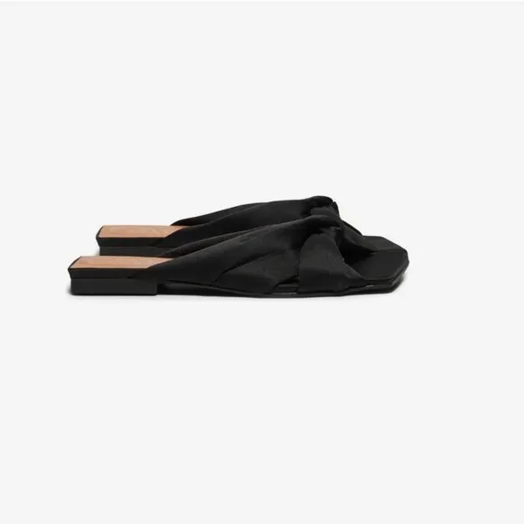 NEW GANNI Soft Knot Flat Mule Black 38 Women's Sandals Satin Slip On Square Toe