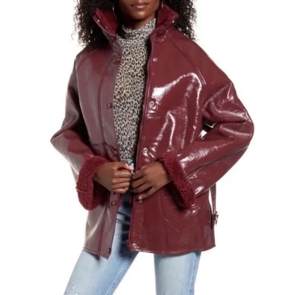 NEW J.O.A. x REVOLVE Red Patent Leather Belted Fleece Lined Jacket, Size XS