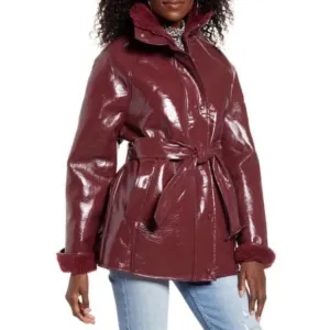 NEW J.O.A. x REVOLVE Red Patent Leather Belted Fleece Lined Jacket, Size XS