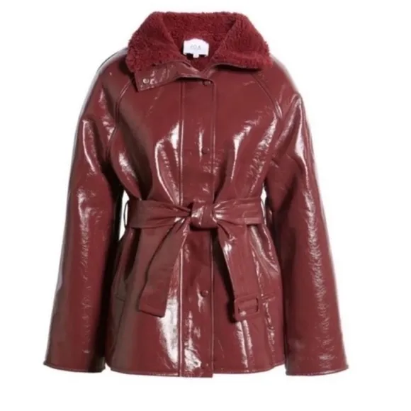 NEW J.O.A. x REVOLVE Red Patent Leather Belted Fleece Lined Jacket, Size XS