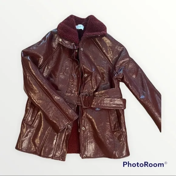 NEW J.O.A. x REVOLVE Red Patent Leather Belted Fleece Lined Jacket, Size XS