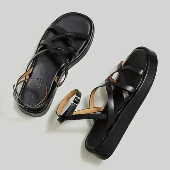 New Madewell The Sabina Flatform Sandal Sz 7 True Black Leather $118 NP287