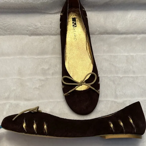 NEW Matiko Brown Suede Ballet Flats with Gold Leather Accents