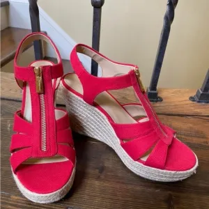 NEW Michael Kors Womens Berkley Sandal Size 9.5 Red Wedge Platform Espadrilles