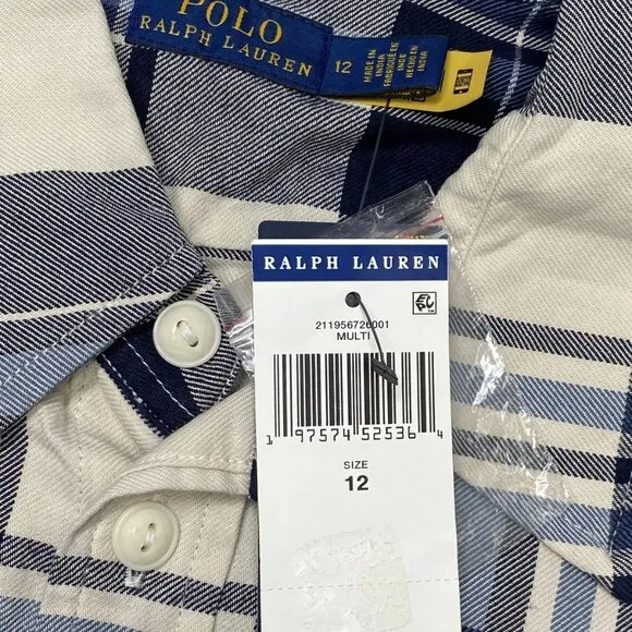 NEW POLO RALPH LAUREN Women’s Shirt Dress Blue/Ecru Plaid Size 12 Belted Cotton