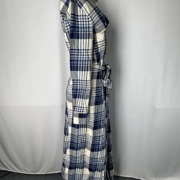 NEW POLO RALPH LAUREN Women’s Shirt Dress Blue/Ecru Plaid Size 12 Belted Cotton
