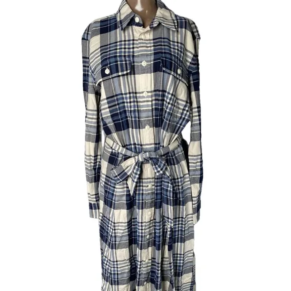 NEW POLO RALPH LAUREN Women’s Shirt Dress Blue/Ecru Plaid Size 12 Belted Cotton