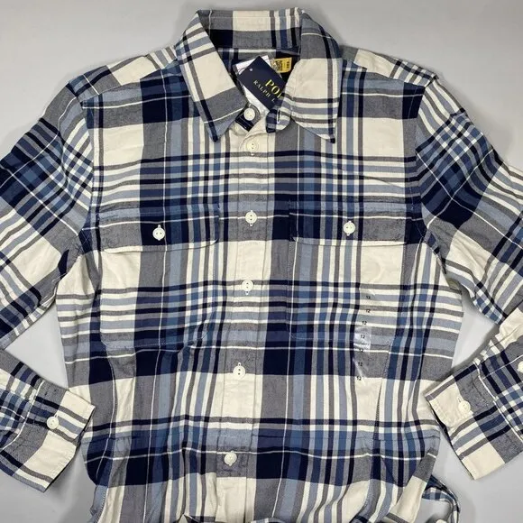 NEW POLO RALPH LAUREN Women’s Shirt Dress Blue/Ecru Plaid Size 12 Belted Cotton