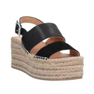 NEW! rag &amp; bone Edie Size 6.5 Black Leather Tan Jute Platform Espadrille Sandals
