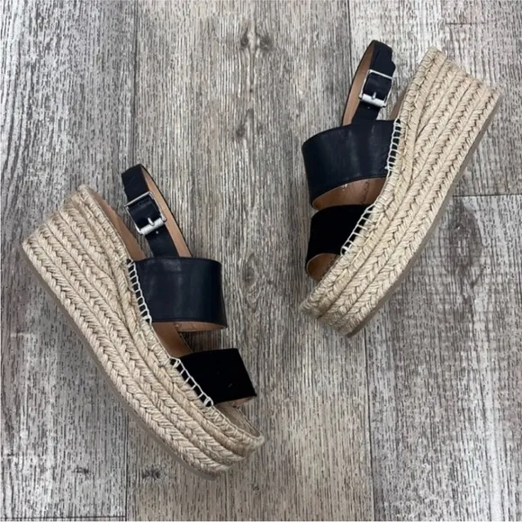 NEW! rag &amp; bone Edie Size 6.5 Black Leather Tan Jute Platform Espadrille Sandals