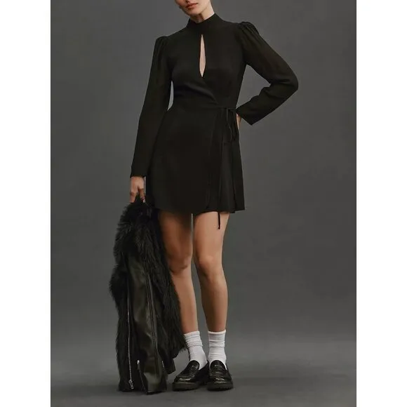 NEW Reformation Ottessa Mini Dress Size XS Black Wrap Long Sleeve