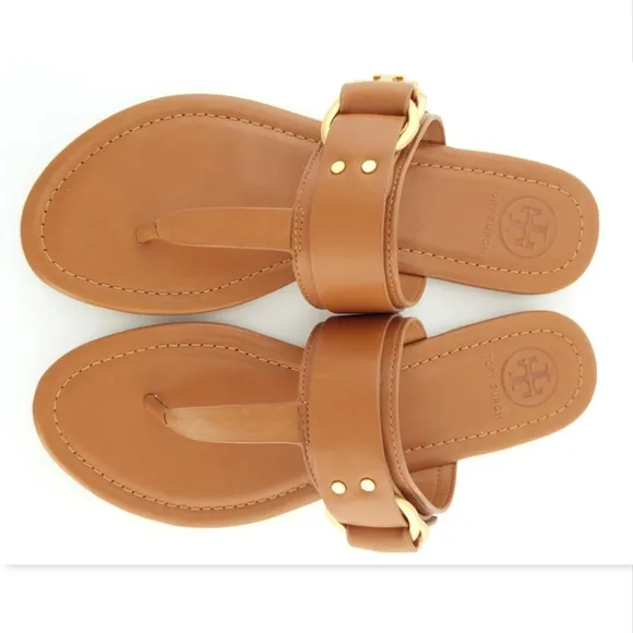 New TORY BURCH Logo Royal Tan Flat Thong Sandals 6