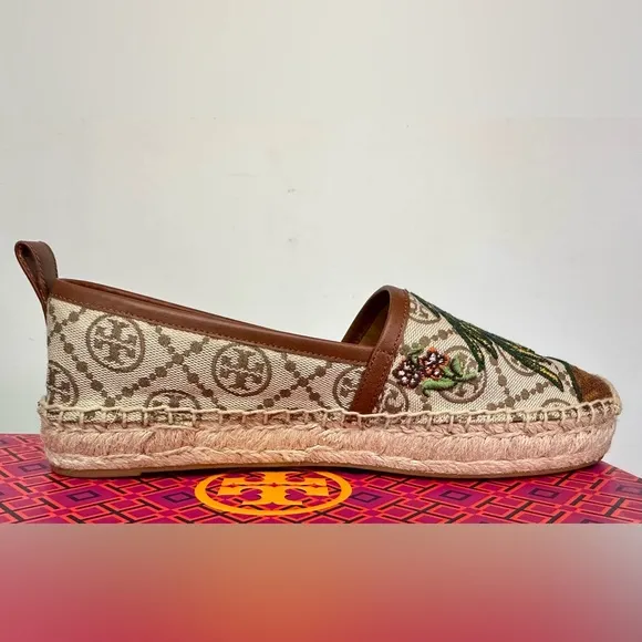 New Tory Burch T Monogram Platform Cheetah Embroidered Espadrilles Size 7