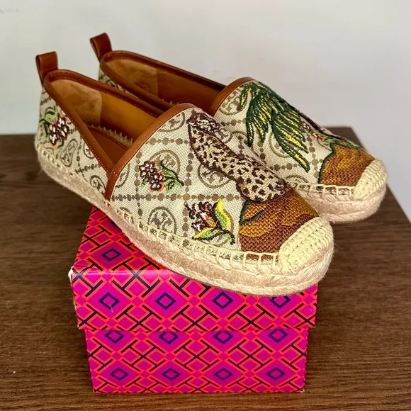 New Tory Burch T Monogram Platform Cheetah Embroidered Espadrilles Size 7