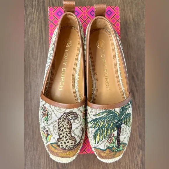 New Tory Burch T Monogram Platform Cheetah Embroidered Espadrilles Size 7