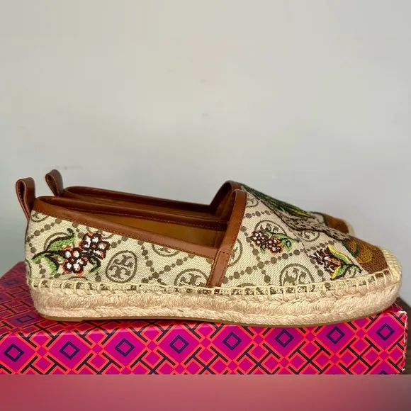 New Tory Burch T Monogram Platform Cheetah Embroidered Espadrilles Size 7