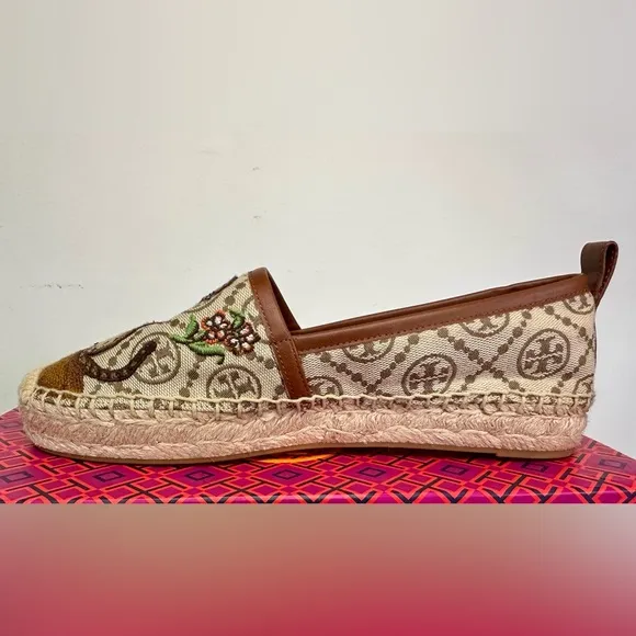 New Tory Burch T Monogram Platform Cheetah Embroidered Espadrilles Size 7