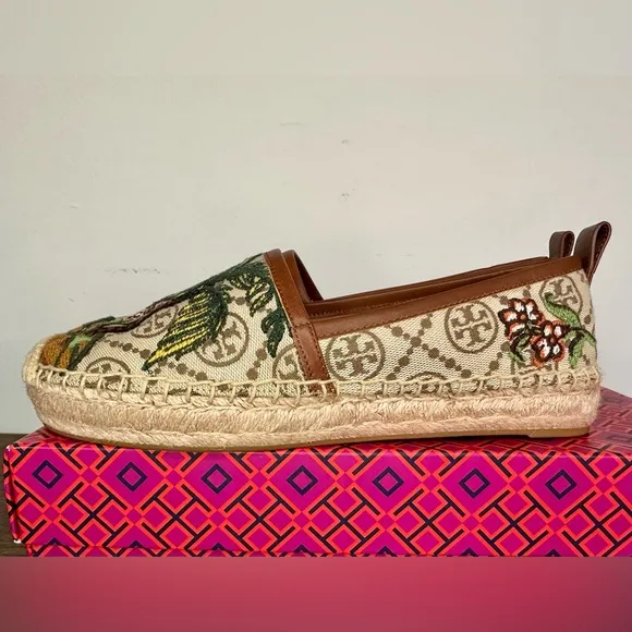New Tory Burch T Monogram Platform Cheetah Embroidered Espadrilles Size 7