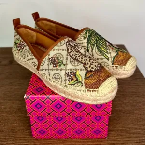 New Tory Burch T Monogram Platform Cheetah Embroidered Espadrilles Size 7