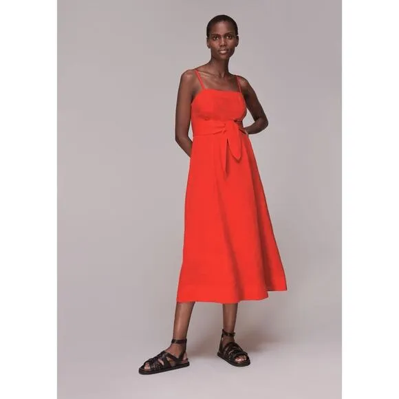 NEW Whistles Linen Tie Front Strappy Midi Dress Sz 10 Red