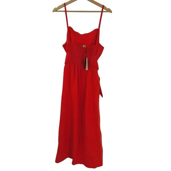 NEW Whistles Linen Tie Front Strappy Midi Dress Sz 10 Red
