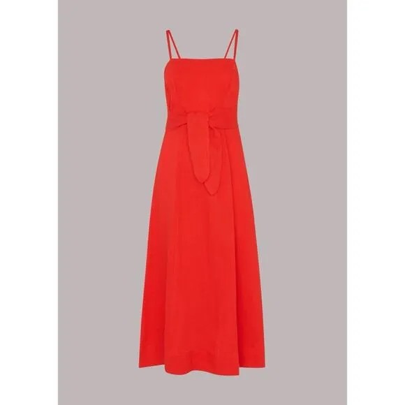 NEW Whistles Linen Tie Front Strappy Midi Dress Sz 10 Red