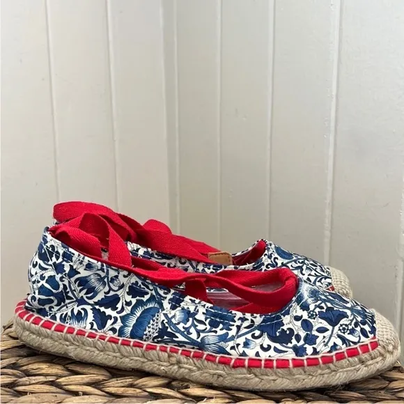 NIB Brooks Brothers Lace Up Espadrilles in French Toile Indigo Print