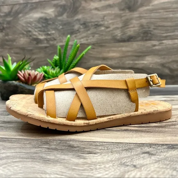 NIB Korks Felicity Slingback Strappy Flat Sandals Mustard Yellow PU