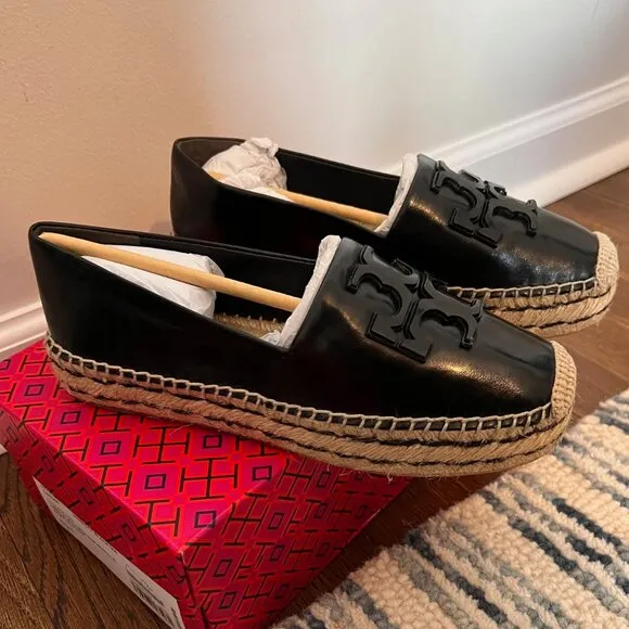 NIB New &amp; Unworn Tory Burch Leather Ines Platform Espadrille- Black Size 7
