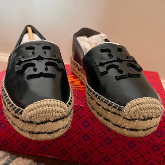 NIB New &amp; Unworn Tory Burch Leather Ines Platform Espadrille- Black Size 7