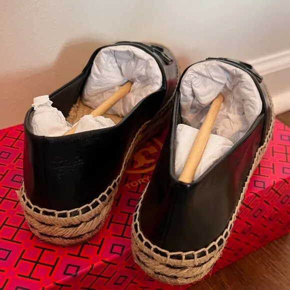 NIB New &amp; Unworn Tory Burch Leather Ines Platform Espadrille- Black Size 7
