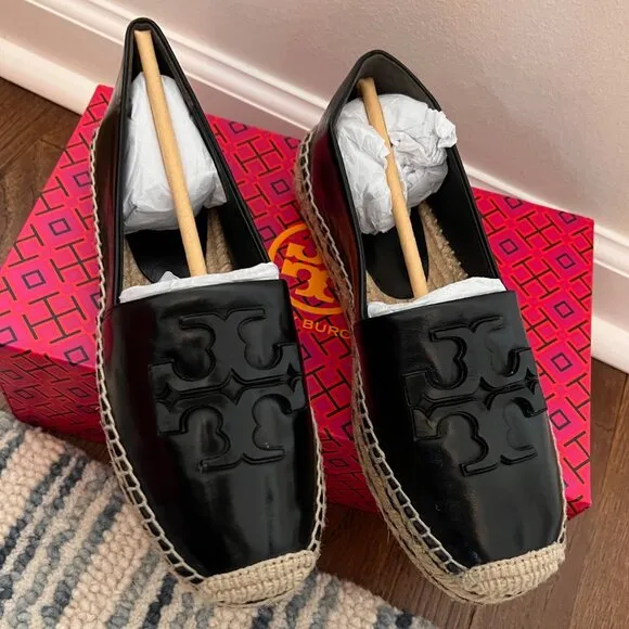 NIB New &amp; Unworn Tory Burch Leather Ines Platform Espadrille- Black Size 7