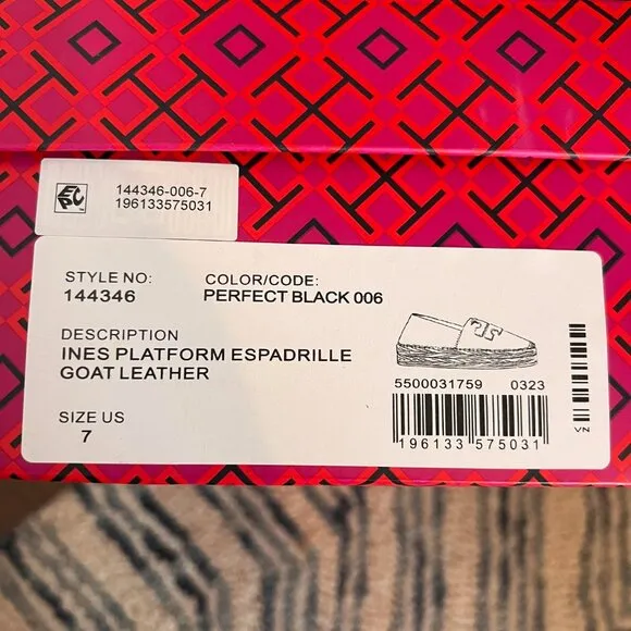 NIB New &amp; Unworn Tory Burch Leather Ines Platform Espadrille- Black Size 7
