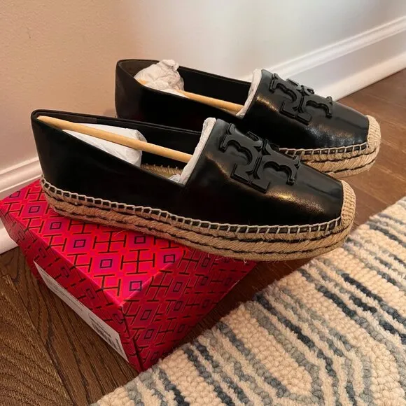NIB New &amp; Unworn Tory Burch Leather Ines Platform Espadrille- Black Size 7