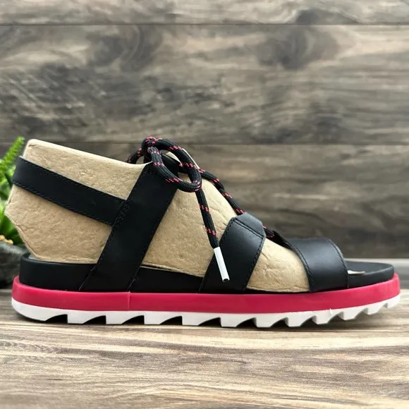 NIB Sorel Roaming Lace 7.5 Slingback Gladiator Flat Leather Sandals Black Pink