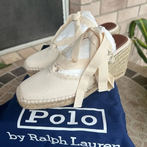 NIN Polo Ralph Lauren Fray Natural Wedge Strappy Sandals 6