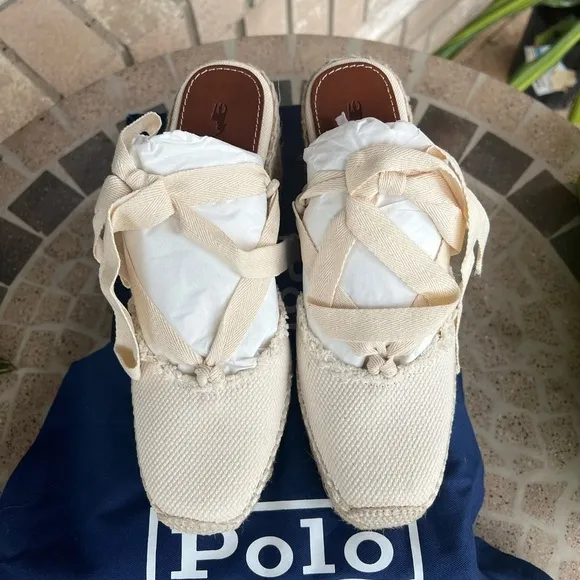 NIN Polo Ralph Lauren Fray Natural Wedge Strappy Sandals 6