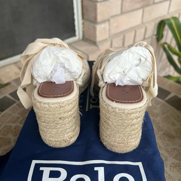 NIN Polo Ralph Lauren Fray Natural Wedge Strappy Sandals 6