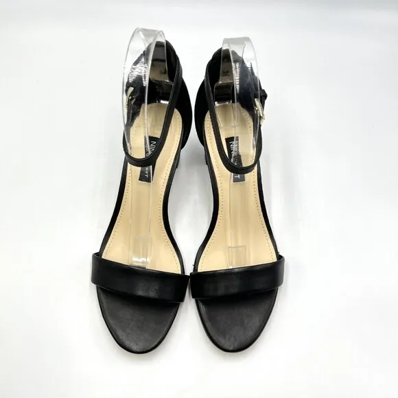 Nine West Womens Pruce Black Leather Block Heel Open Toe Sandals Heels Shoes 6.5