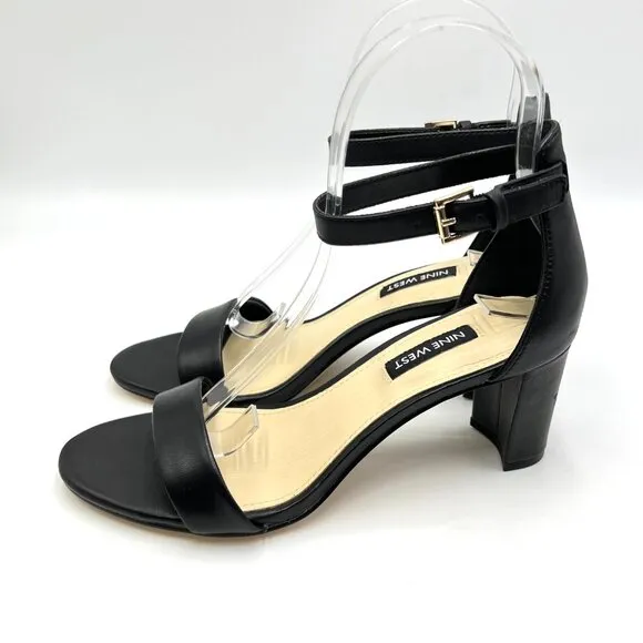 Nine West Womens Pruce Black Leather Block Heel Open Toe Sandals Heels Shoes 6.5